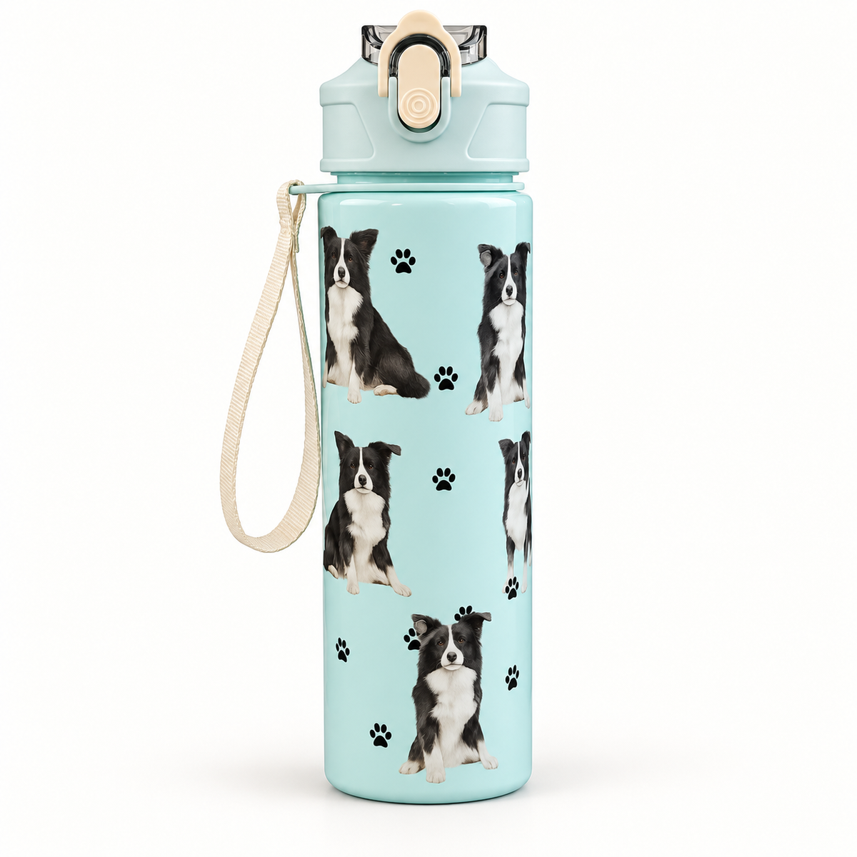 Blue Border Collie Plastic Drinks Bottle