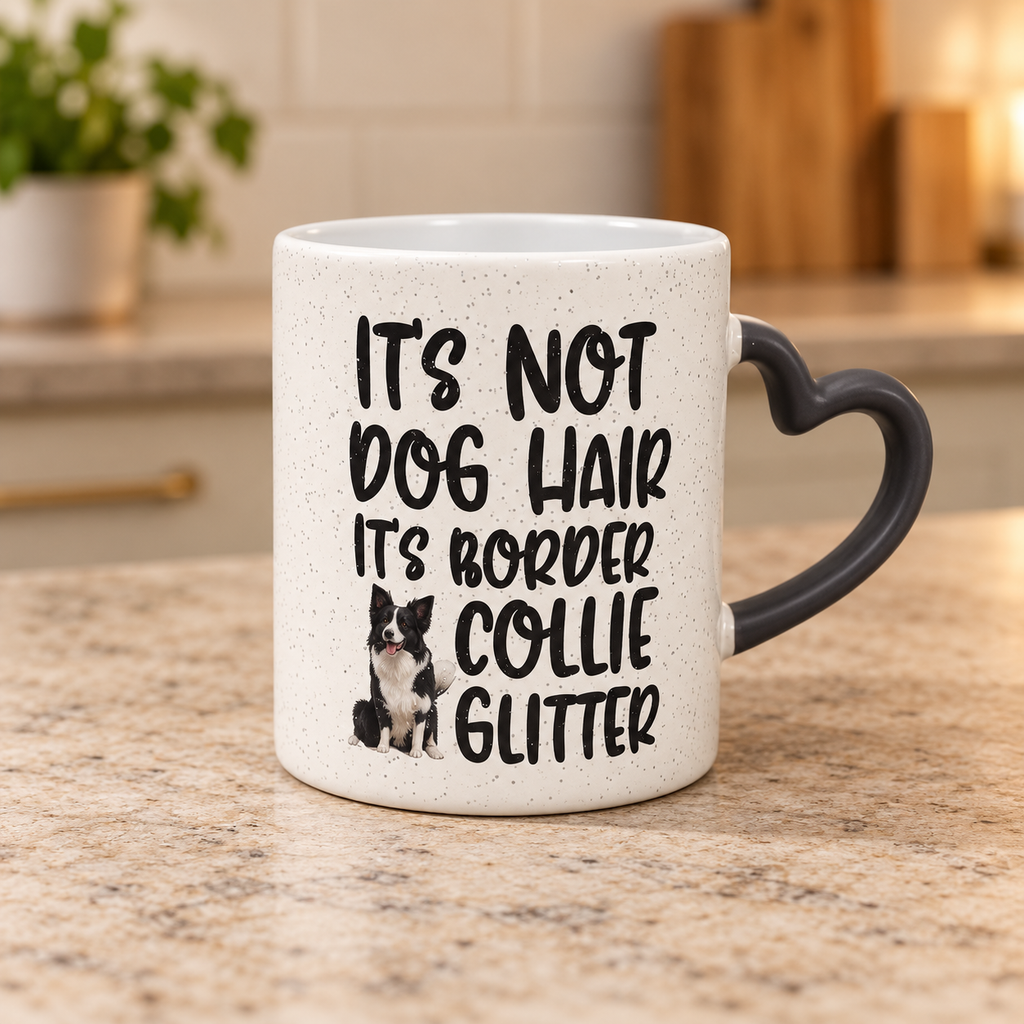 Border Collie Glitter Colour-Changing Mug with Heart Handle