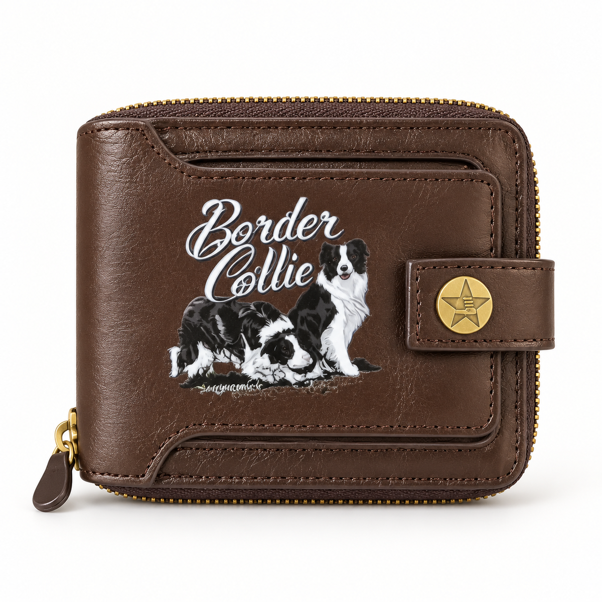 Dark Brown Border Collie Zip-Around Wallet
