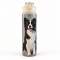 Grey Border Collie Plastic Drinks Bottle with Straw
