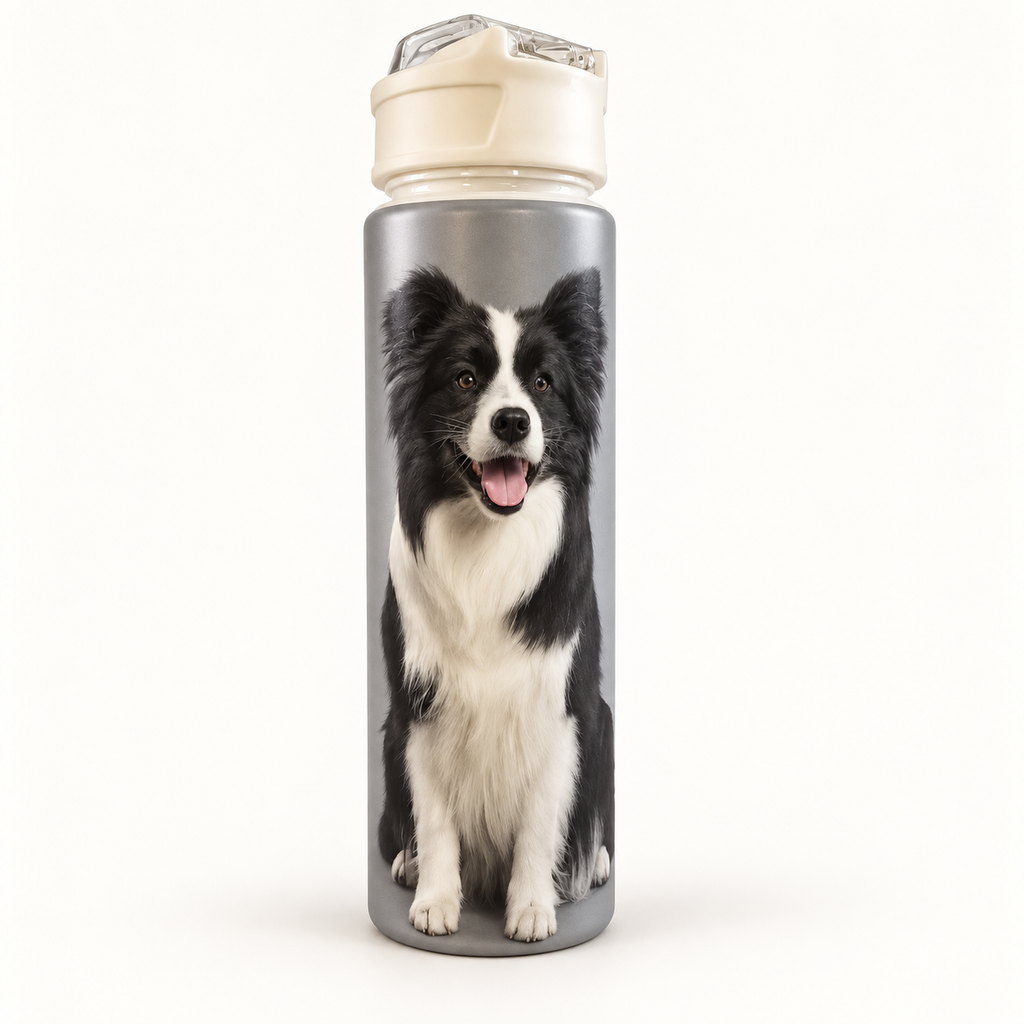 Grey Border Collie Plastic Drinks Bottle with Straw