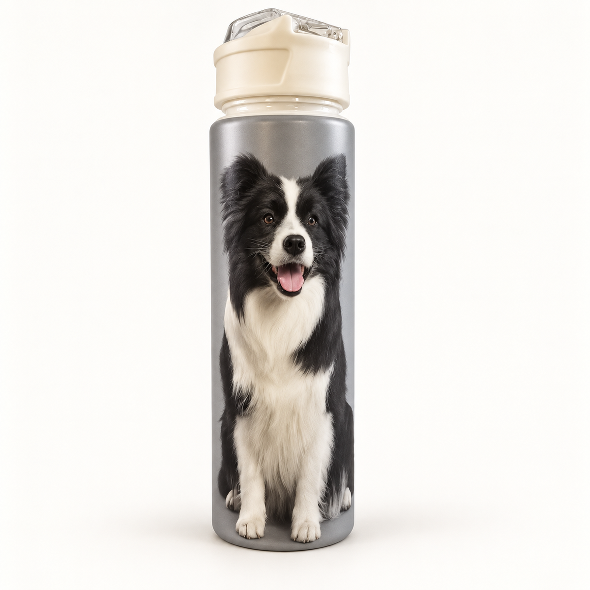 Grey Border Collie Plastic Drinks Bottle with Straw