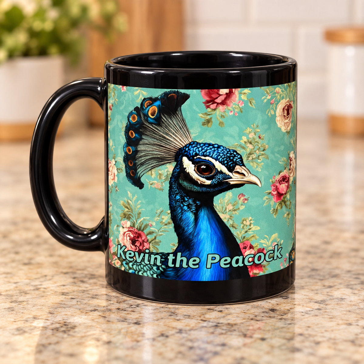 Kevin the Peacock Black Wraparound Mug – One Only