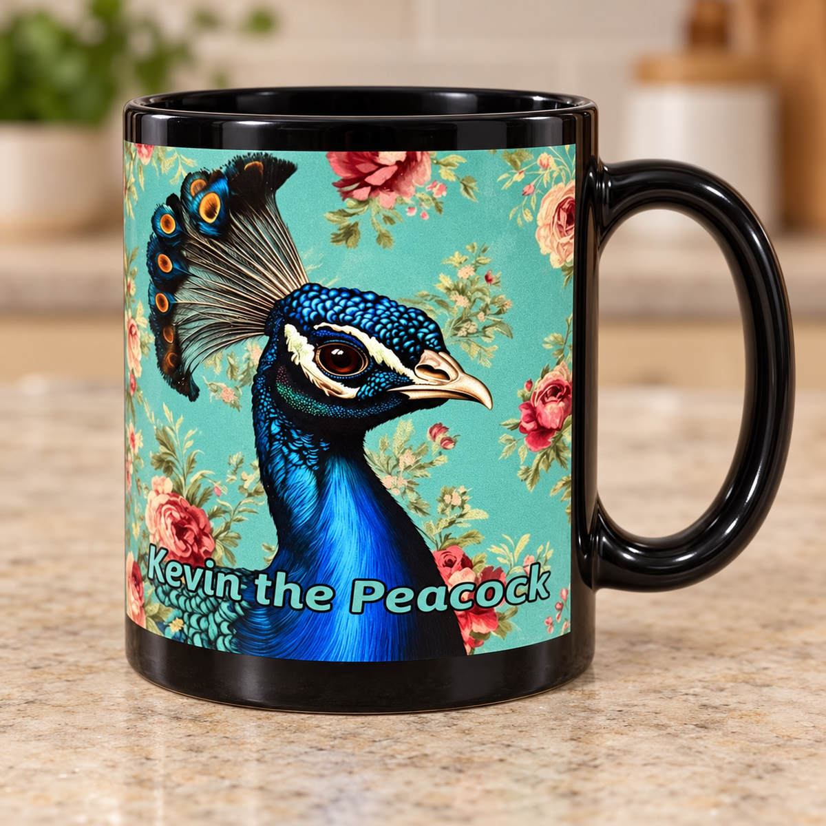 Kevin the Peacock Black Wraparound Mug – One Only