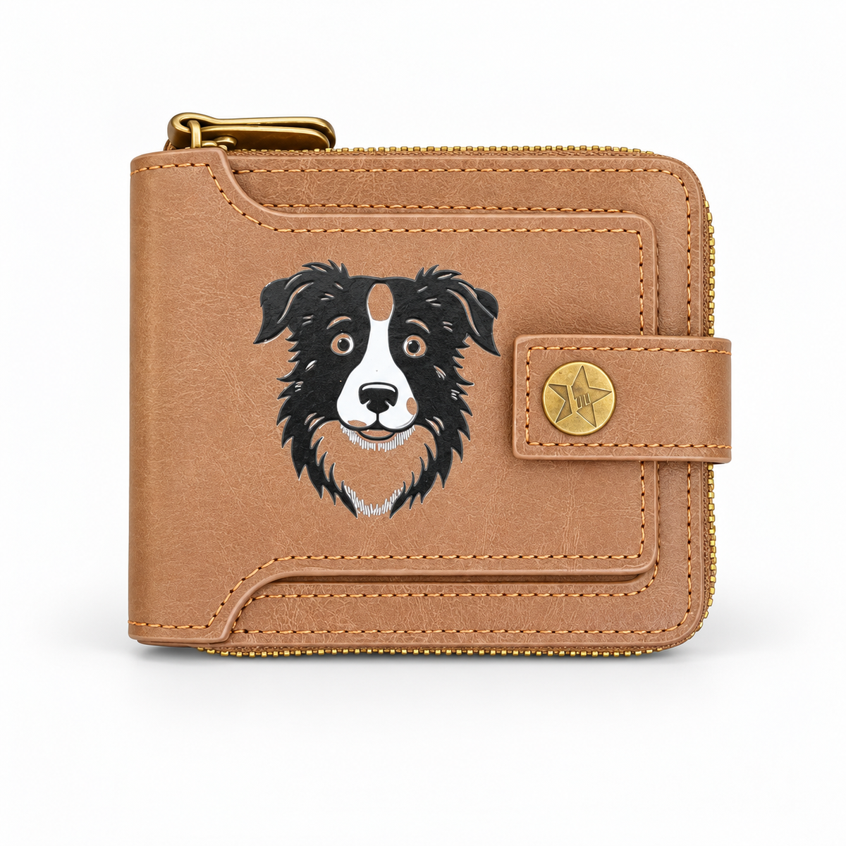 Tan Border Collie Zip-Around Wallet