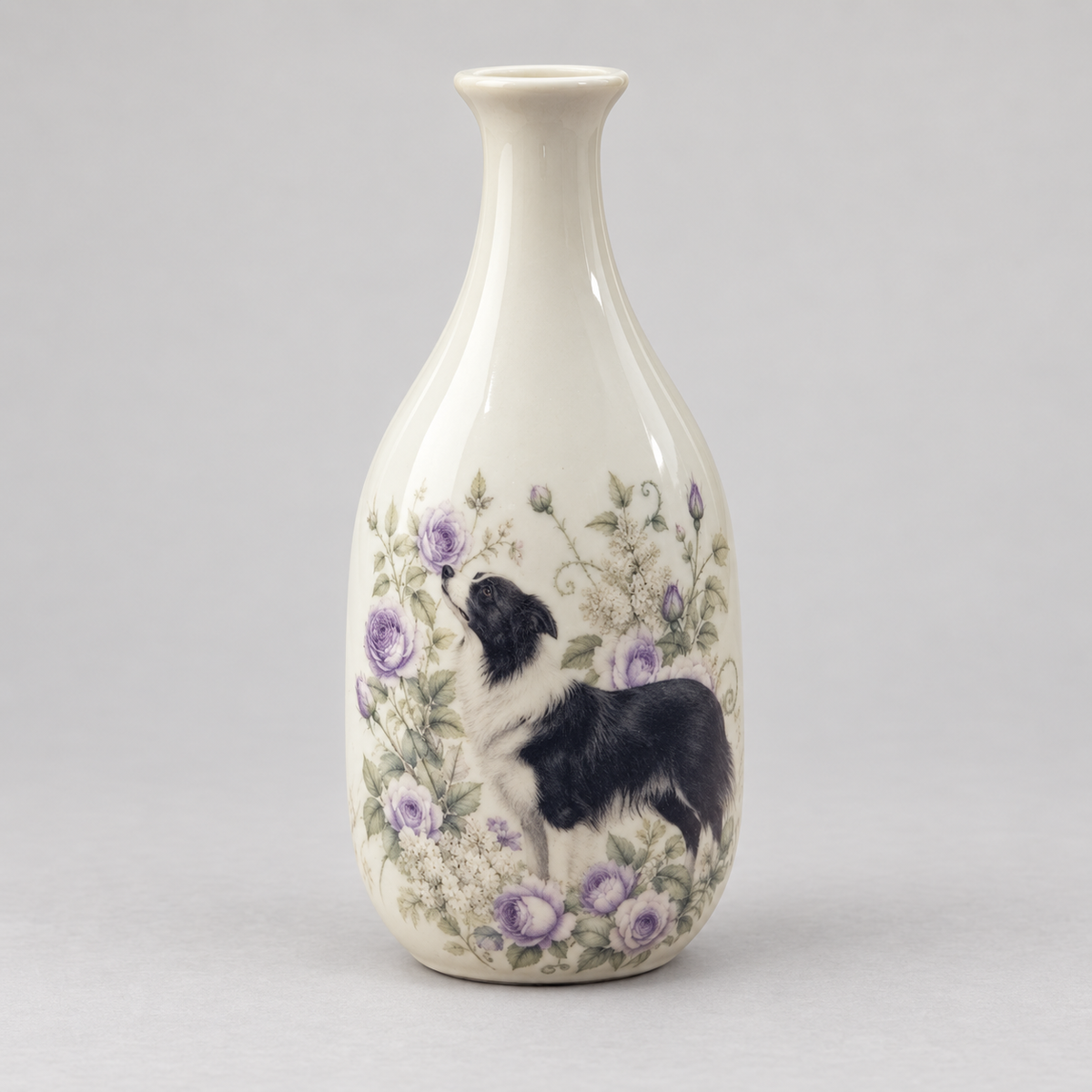 Border Collie & Lavender & Roses Ceramic Vase