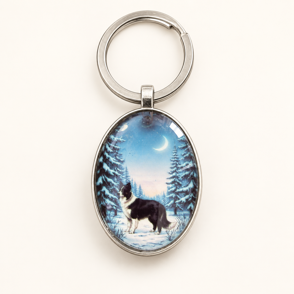Winter Border Collie Glass Dome Keyring
